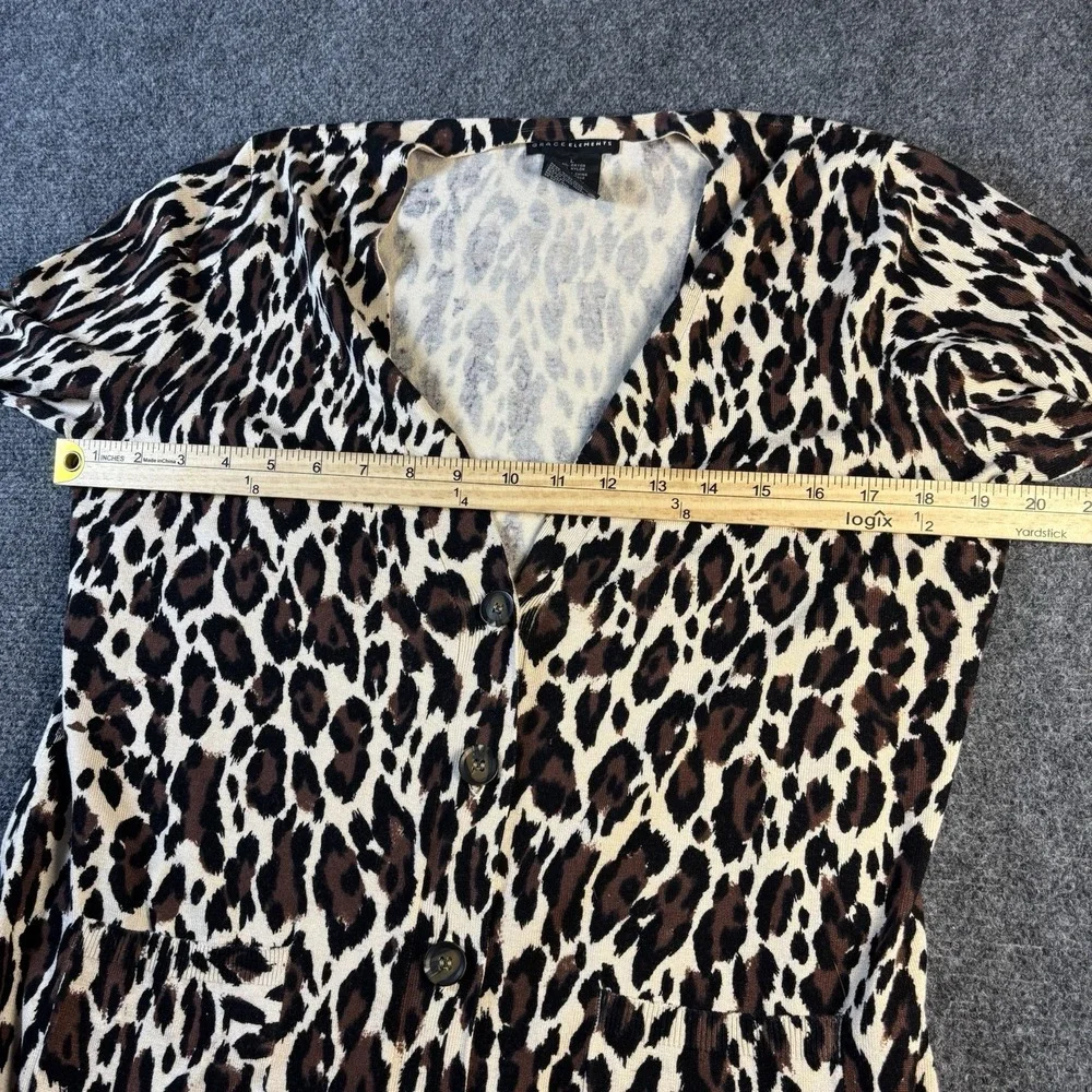Grace Elements Cardigan Women L Brown Leopard‎ Animal Print Button Front V-Neck